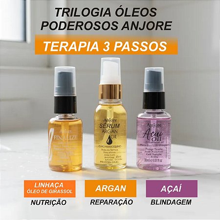 Kit Óleos Poderosos Trilogia Anjore Terapia Capilar 3 Passos Nutrição Reparação e Blindagem dos Fios