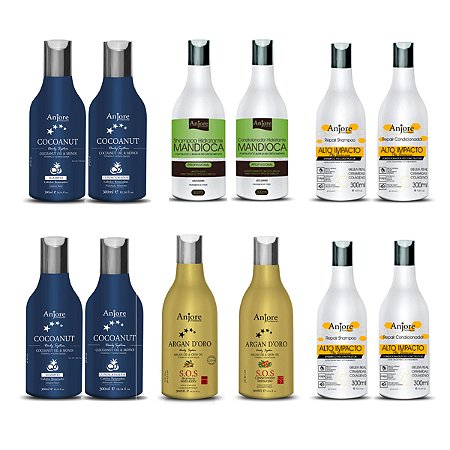 6 Kit Manutenção Atacado Diversos Shampoo e Condicionador 300ml Anjore 1 Argan 2 Impacto 1 Mandioca 2 Coco