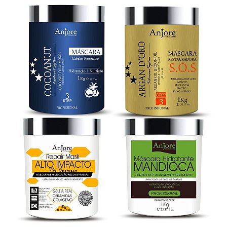 Kit 4 Máscara Tratamento Anjore 1kg Hidratação Mandioca Reconstrução Teia Nutrição Coco Restauração