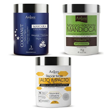 Kit Máscara Cronograma Capilar Anjore 1k Hidratação Mandioca Reconstrução Impacto Teia Nutrição Coco