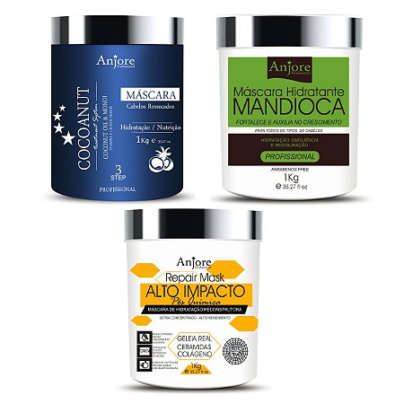 Kit Máscara Cronograma Capilar Anjore 1k Hidratação Mandioca Reconstrução Impacto Teia Nutrição Coco