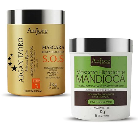 Kit Cronograma Capilar 2 Máscara Tratamento Anjore 1kg Hidratação Mandioca Argan Restauração