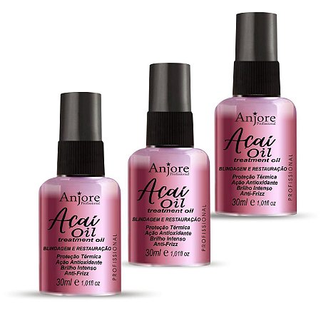 Kit 3 Óleo De Açaí Blindagem e Restauração 30ml Anjore Selador Reparador de Pontas e Anti Frizz