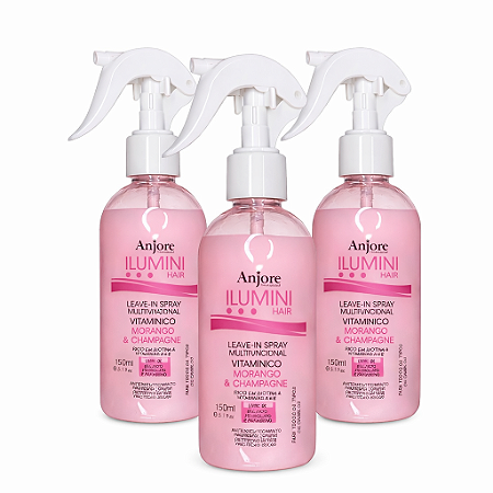 Kit 3 Leavein Spray Vitamínico Biotina Ilumini Hair Morango & Champanhe Anjore 150ml Crescimento