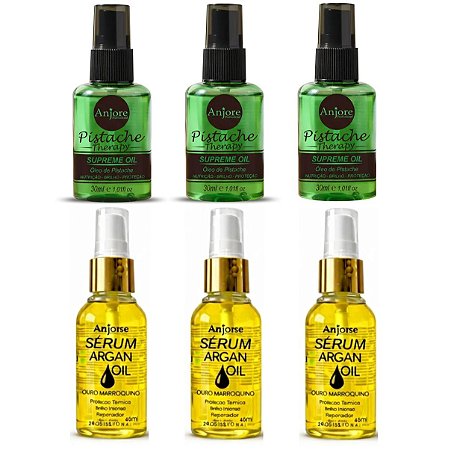 Kit Atacado Reparador de Pontas Anti Frizz 3 Óleo Pistache 30ml e 3 Óleo de Argan 45m Anjore Revenda