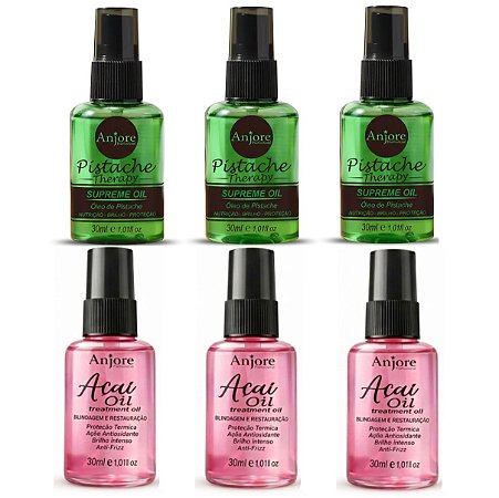 Kit Atacado Reparador de Pontas Anti Frizz 3 Óleo Pistache 30ml e 3 Óleo de Açaí 30ml Anjore Revenda