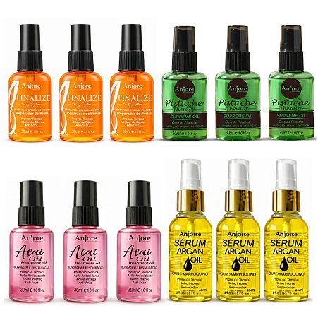 Kit Atacado 3 Óleo Pistache 30ml 3 Óleo Açaí 30ml 3 Óleo Argan 45ml 3 Reparador 30ml Anjore Revenda