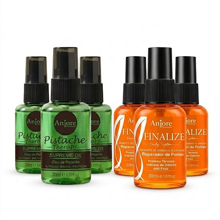 Kit Atacado Reparador de Pontas Anti Frizz 3 Óleo Pistache 30ml e 3 Reparador 30ml Anjore Revenda