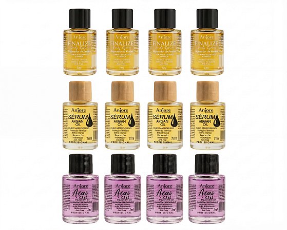 Kit Atacado 12 Óleo de Tratamento Capilar Profissional Anjore 7ml Argan Açaí Reparador de Pontas