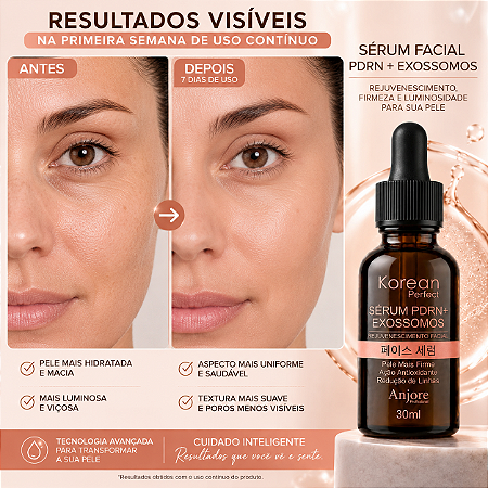 Sérum Facial PDRN e Exossomos Korean Perfect Anjore 30ml Firmeza Colágeno Linhas e Rejuvenescimento