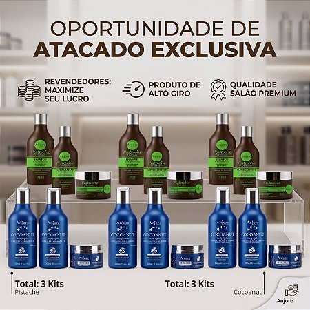 Kit Manutenção Capilar Atacado Shampoo Condicionador e Máscara 3 Cocoanut e 3 Pistache 300gr Anjore