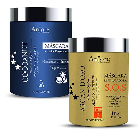 Kit Cronograma Capilar Anjore 2 Máscaras 1kg Hidratação E Nutrição Com Óleo de Coco e Argan