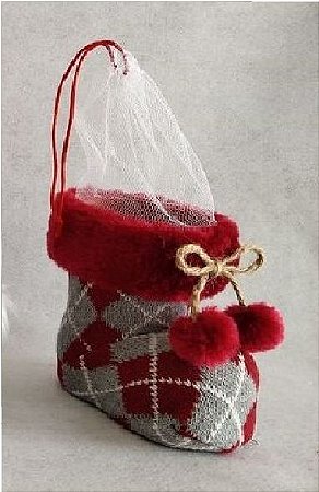 Botinha Decorativa Vermelho/Cinza Pompom Natal 4X8X14CM 01un