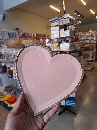 Prato Papel Coração Rosa Borda Dourada 8un 18cm