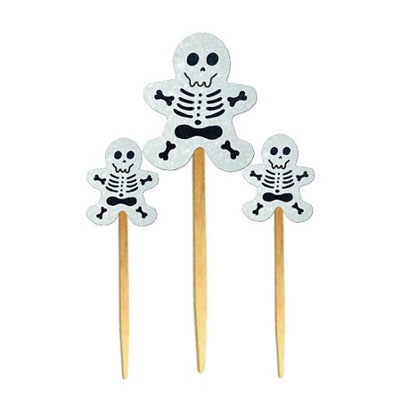 Pick Palito Esqueleto Caveira Docinho Cupcake Halloween 10un