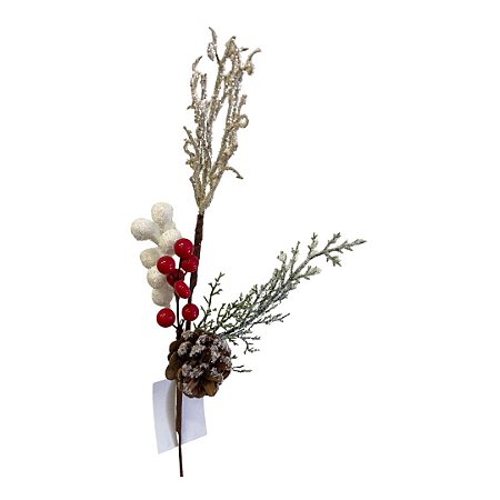 Galho Frutas Pinha Vermelho Marrom Branco M Neve 45cm 1un