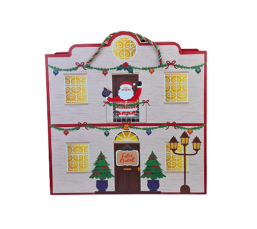 Sacola de Papel Presente M 30x27x12cm Natal Casinha Noel 1un