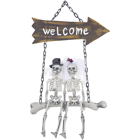 Enfeite Placa p/ porta Welcome Casal de Caveiras Halloween 1un