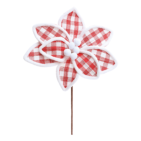 Flor Decorativa Poinsetia Xadrez Vermelho e Branco 30cm 1un