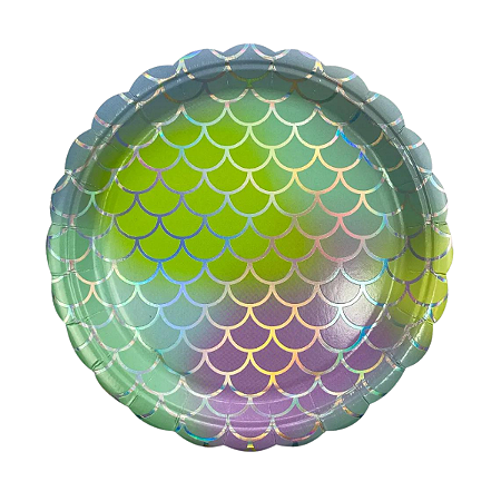 Prato Papel Escamas Sereia Lilás/Verde 18cm 8un
