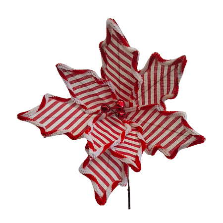 Galho Natal Poinsetia Listras Verm/Branco Guizo 50cm 1un