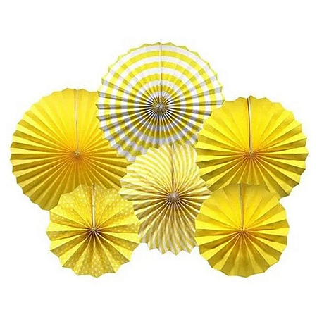 Kit Enfeite Leque de Papel 20/30/40cm 6un - Amarelo