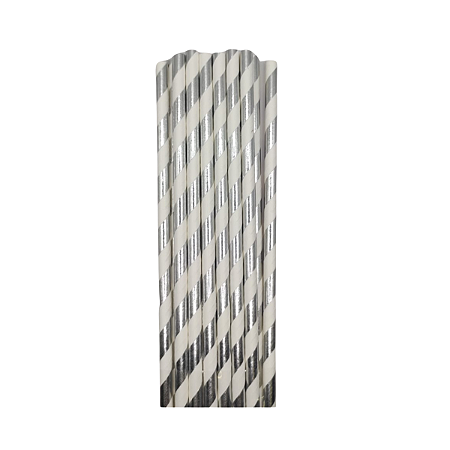 Canudos de Papel Listrado Laminado Prata 20Un