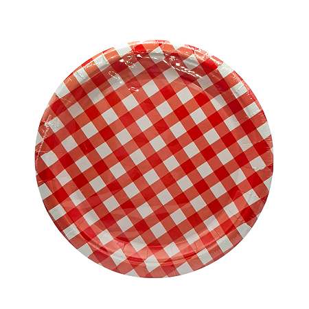 Prato Papel Xadrez  Vermelho 18cm 8Un Festa Junina