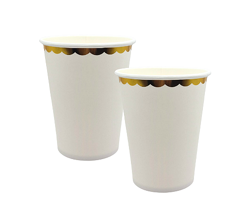 Copo Papel Colors Branco Borda Metalizada Dourado 250ml 8un