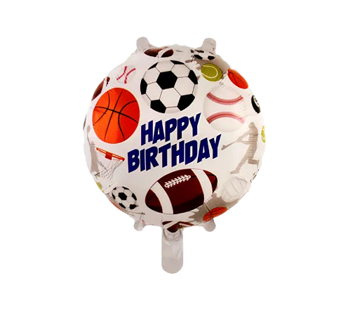 Balão Metalizado Redondo Happy Birthday Esportes 43x43cm 1Un