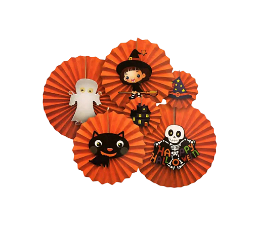 Kit Enfeite Leque de Papel Laranja Halloween 20/30/40cm 6Un