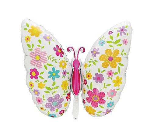 Balão Metalizado Borboleta com Flores 91x69,5cm 1un