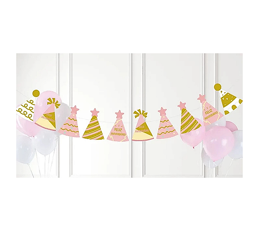 Faixa Decorativa Parabéns Chapeuzinhos Rosa e Dourado