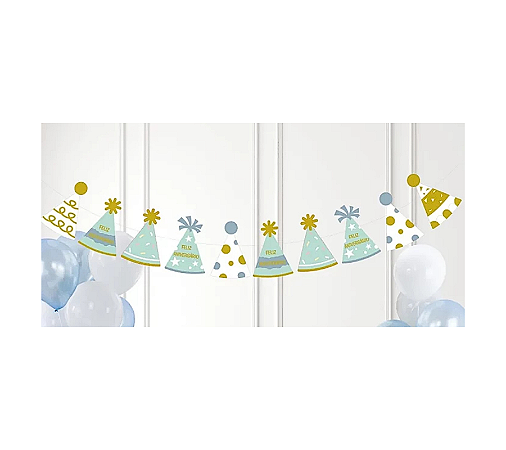 Faixa Decorativa Parabéns Chapeuzinhos Azul e Dourado