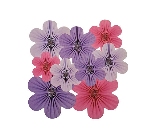 Kit Enfeite Leque de Papel Flores Rosa e Lilás 9Un