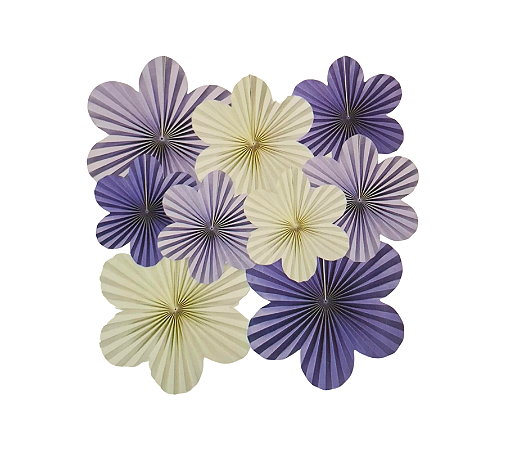 Kit Enfeite Leque de Papel Flores Lilás e Branco 9Un