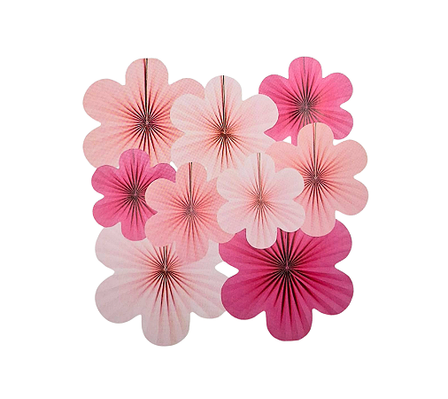 Kit Enfeite Leque de Papel Flores Tons de Rosa 9Un