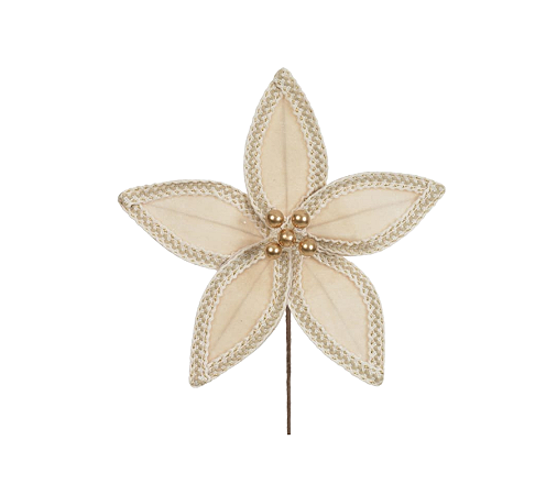 Enfeite Decorativo Poinsetia Natal Bege C/ Fios Dourados 1Un