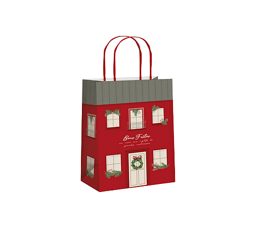 Sacola Papel Presente Natal Guirlanda Casinha P 21,5x15cm 1Un