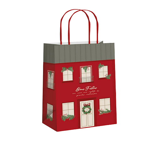 Sacola Papel Presente Natal Guirlanda Casinha M 26x19,5cm 1Un