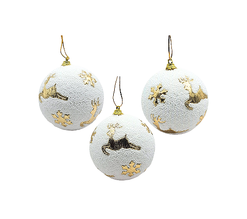 Bola Decorativa Natalina Árvore Natal Branco/Dourado 8cm 3Un