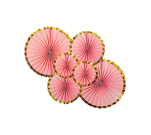 Kit Enfeite Leque Papel 20/30/40cm 6un - Rosa Borda Dourada