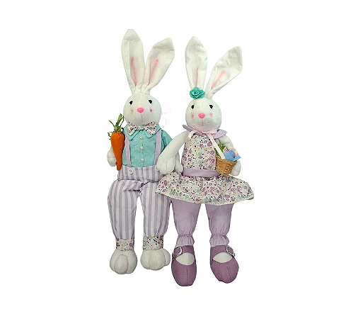 Casal Coelhos Sentados Decorativos Páscoa Lilás/Verde
