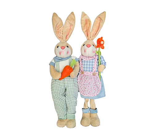Enfeite Decorativo Casal Coelhos em Pé Azul/Verde/Rosa