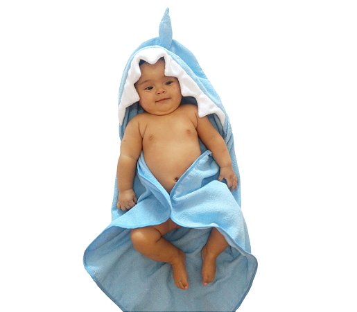 Toalha de banho para bebê com capuz baby shark azul em atoalhado 100% algodão