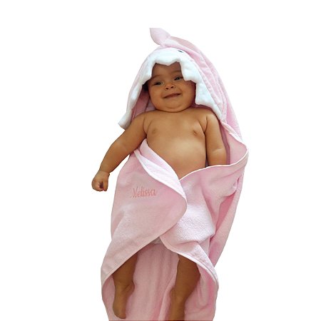 Toalha de banho para bebê com capuz baby shark rosa em atoalhado 100% algodão