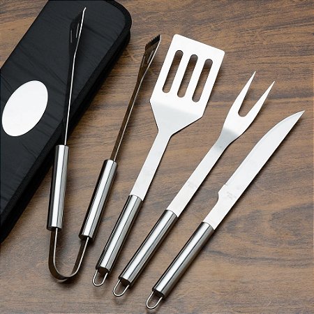 KIT CHURRASCO EM AÇO INOX COM 4 PEÇAS