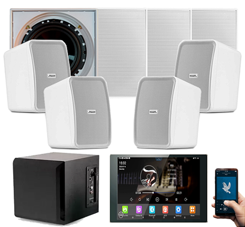 Kit Jbl Som Ambiente Amplificador Parede 8 Pol Touch Android 8.1 c/ 4 Falantes e 4 Caixas Externas e Subwoofer
