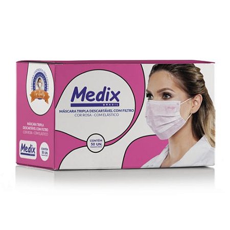 Máscara Tripla Descartável com Filtro (BFE ≥95%) Medix c/50 Rosa