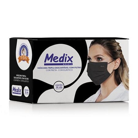 Máscara Tripla Descartável com Filtro (BFE ≥95%) Medix c/50 Preta